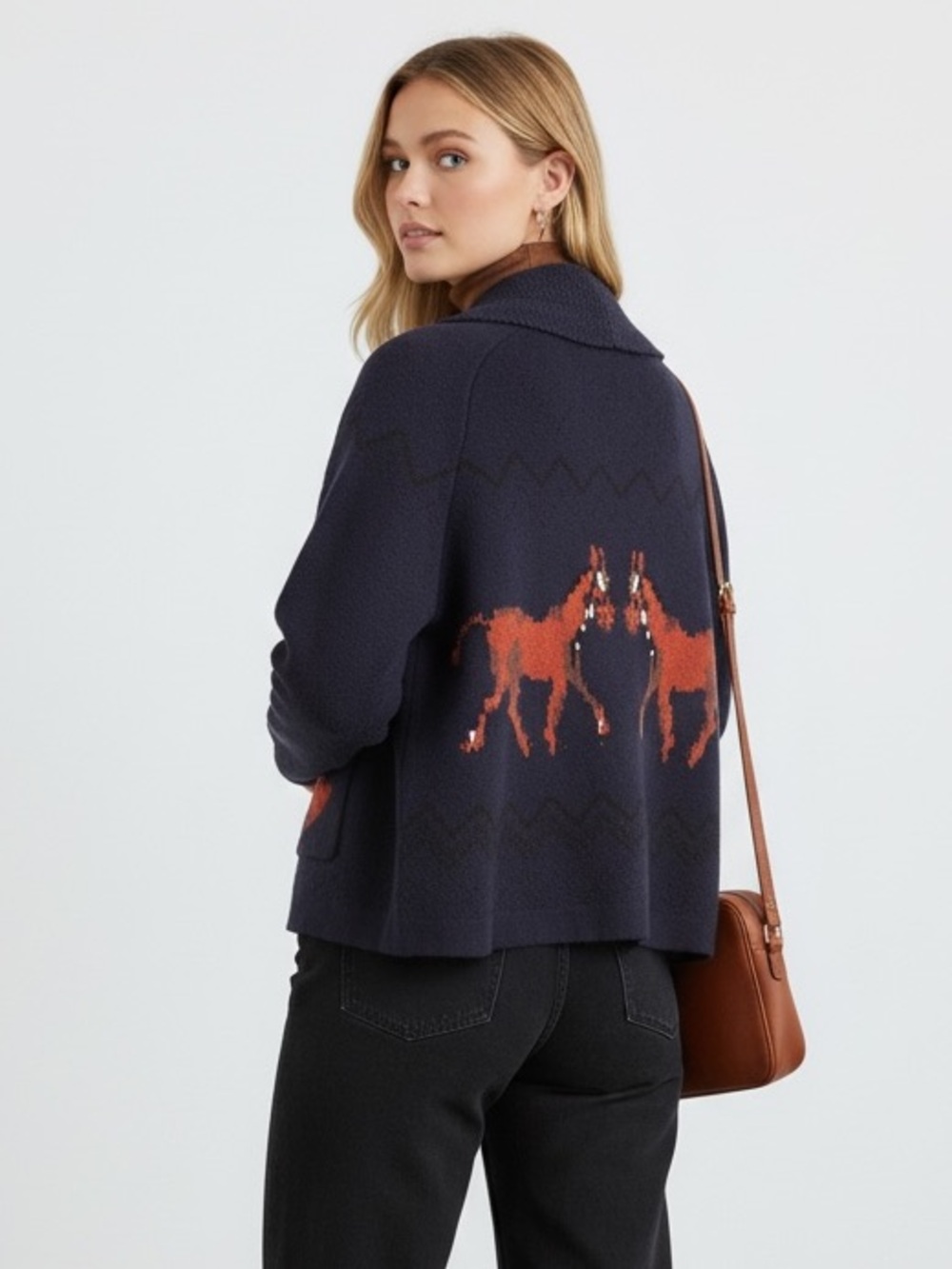 1639 • Deep Navy & Brandy Viscose Blend Open Front Shawl Collar Horse Cardi